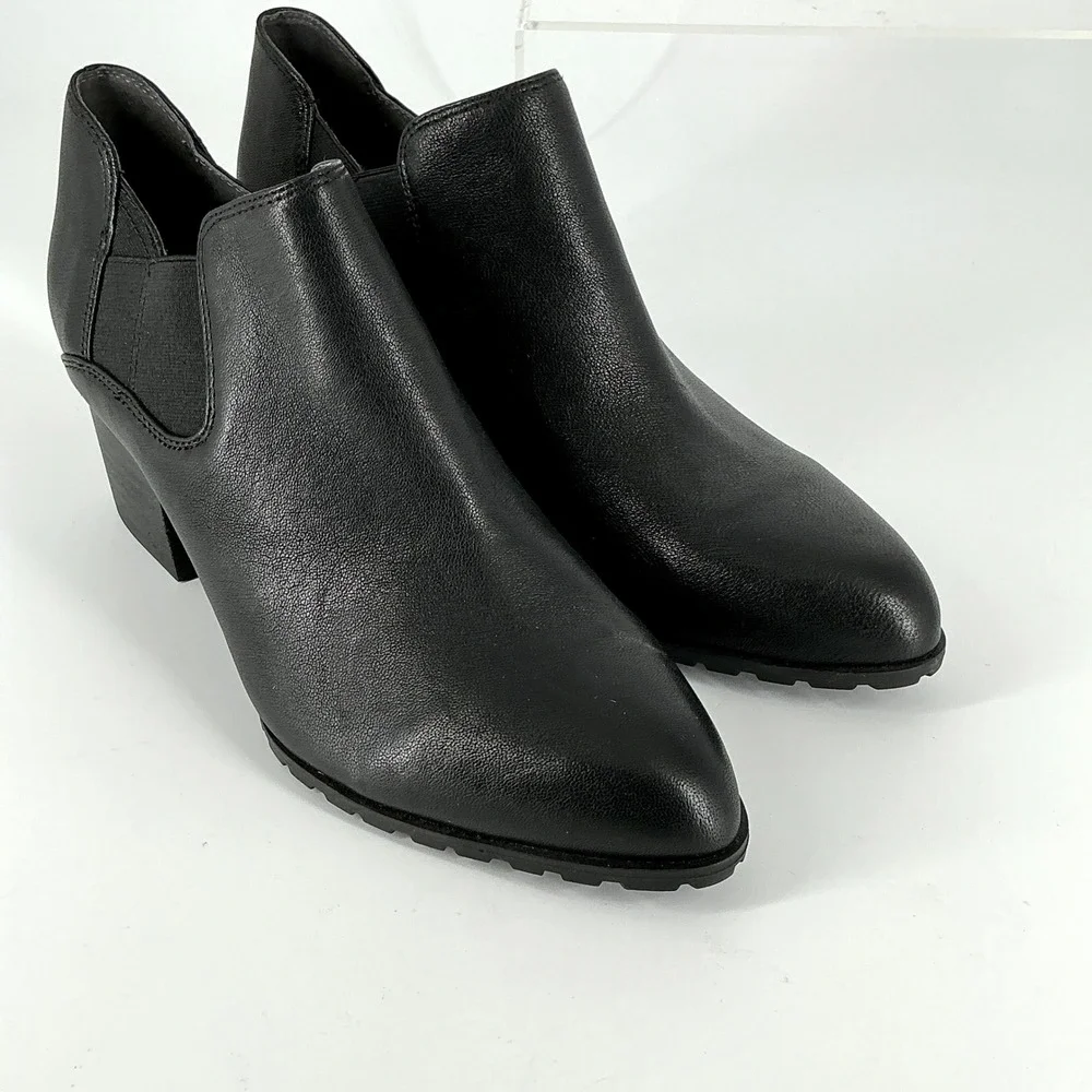 Vionic Size 8.5 Black‎ Leather Ankle Bootie Block Heel Lug Sole NEW Belmont $159